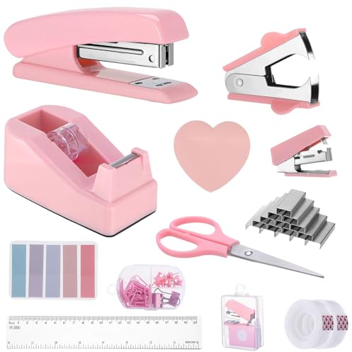Candcamp Pink Office Supplies Set, Pink Stapler and Tape Dispenser Set with Staple Remover, Staples, Scissor, Clips, Tape, Tabs, Ruler, Desk Accessories for Students, Home, Office