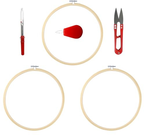 3Pcs 8 Inch Bamboo Embroidery Hoops with Sewing Scissors, Seam Ripper,Needle Threader, Round Cross Stitch Hoops with Adjustable Screw, Lightweight & Durable Craft Hoops. (Yellow)
