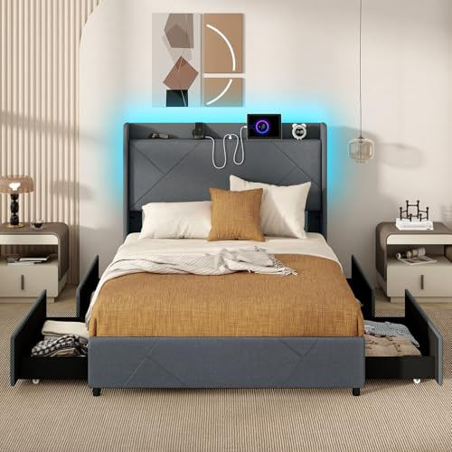 COSTWAY Letto Matrimoniale 160 x 200 cm, Letto Imbottito con Testiera, Luci LED, Stazione di Ricarica, 2 Tasche e 4 Cassetti, Carico 500kg, Silenzioso