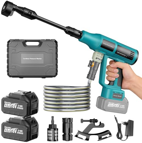 Hidrolimpiadora a Batería 700 PSI, Pistola de Agua a Presión Portátil con Boquilla 6 en 1, 2 Baterías 4.0 Ah y Tubo de 5 m, Compatible con Makita 18V, Limpieza de Coches, Jardín y Suelos