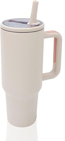 Y·J&H 40oz (1200ml) Travel Tumbler Double Wall Vacuum Insulated Coffee Mug Stainless Steel Coffee Cup with Handle and Flip Straw, BPA Free - Rose Quartz