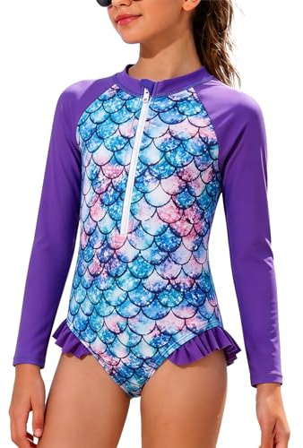 JiAmy Girls Long Sleeve Rash Guard Swimsuit One Piece, Kids UV Sun Protection Front Zip Swimming Costume for Beach Pool 6-7 Years, Purple Fish Scale