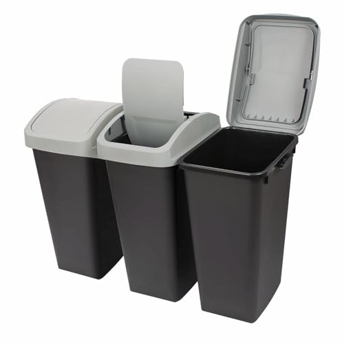 Triple Bin Recycling System, 45L/12 Gallon Waste and Recycle Center, Plastic Bins for Trash, Recycling, Compost with Swing Top and Lift-up Lids, 3 Pack