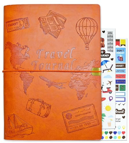 Tolivip Resedagbok för kvinnor män och par, resedagbok i läder med uppmaningar, reseminnesbok och äventyrsbok (orange)