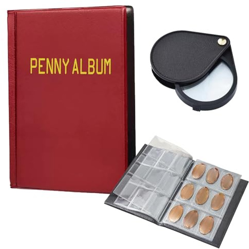BPTZYLN Red Coin Collection Album with Magnifying Glass, Portable 50p Coin Collectors Album and Stamp Albums for Collectors Holds 108 Coins, Use for Pounds Pence Cents Storage Collection Supplies