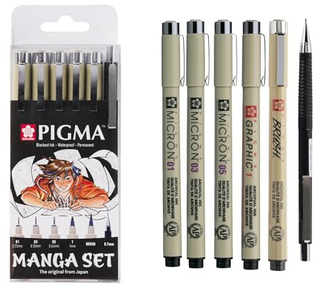 SAKURA Pigma Manga Set da 6 in nero | 3 Fineliner, Graphic Liner, Pennello + Matita meccanica | Per cartoni animati e illustrazioni