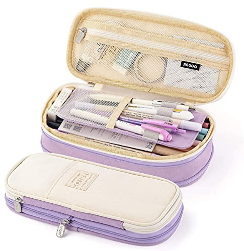 Estuche de lápices con gran capacidad duradero para estudiantes del colegio, para organizar elementos de papelería o maquillaje, neceser de cosmética para niñas, 22 x 11 cm (morado)