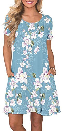 AUSELILY Women's Summer Dresses Casual T-Shirt Short Sleeve Dress Loose Swing Short Dress with Pockets