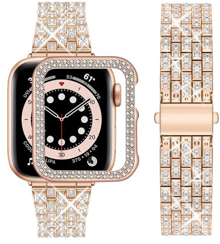 wutwuk Metallarmband Kompatibel mit Apple Watch Armband 42mm Damen Glitzer Diamant Armbänder mit Strassstein Harter PC Schutzhülle für iWatch Series 3 2 1 Frauen Rosegold