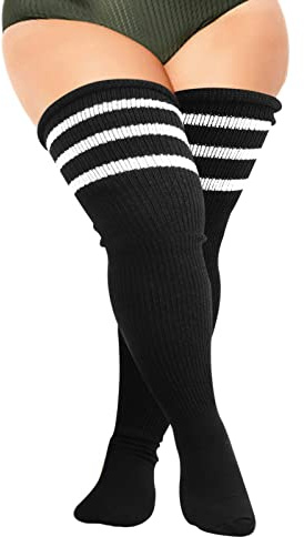 DRESHOW Mujeres Más Tamaño Medias Extra Largas Hasta el Muslo Medias Largas Rayadas Sobre la Rodilla Calcetines de Tubo Calentadores de Piernas