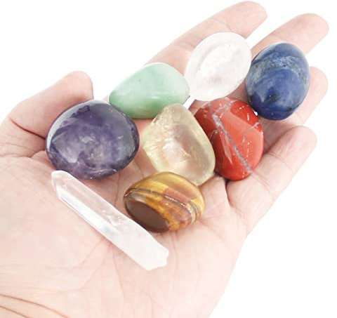 Juego de varita de cuarzo transparente y piedras de 7 chakra de cristal, jaspe rojo, ojo de tigre, cristal citrino, aventurina verde, sodalita, amatista, cuarzo transparente, para meditación