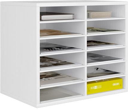 Senhoglb 12 Fächer Schreibtisch Ablagefächer Holz, Schreibtisch Ordner Organizer, Aktenablage A4 stapelbar, Büro Briefablage, Halten Sie Ihren Desktop Sauber, weiß