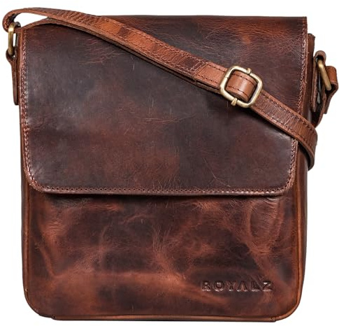 ROYALZ 'Illinois' Herrentasche zum Umhängen klein Leder Umhängetasche Herren Messenger Bag Vintage Ledertasche Schultertasche Handtasche Echtleder, Farbe:Roma Cognac Braun
