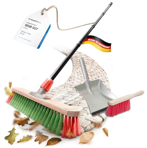 Novaliv Balai de jardin avec manche 40 cm en élasthanne, brosses incluses. Garniture de balayage galvanisée composée d'une pelle à balai et d'un balai à main. Idéal comme balai de rue, balai de