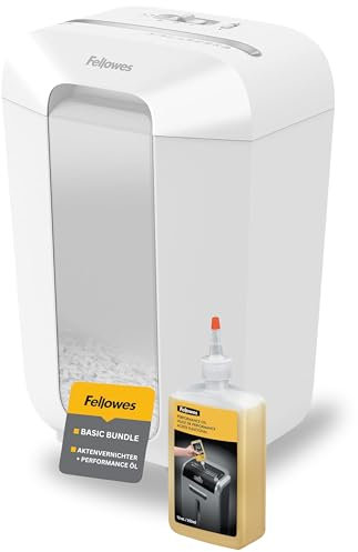 Fellowes Aktenvernichter LX70 Premium Bundle mit Öl, Papierschredder, 12-Blatt-Partikelschnitt, Aktenvernichter P4, Schredder für Büro und Homeoffice, 19L Papierkorb, verarbeitet Kreditkarten, Weiß