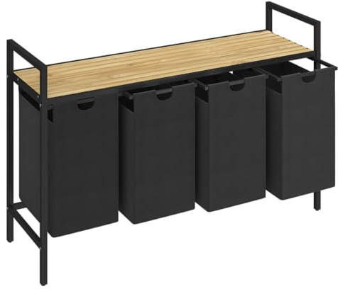 STEELSØN Rigil Wäschesammler 4 Fächer – Wäschekorb mit 1 Bambus Ablage – 4x 40 L Wäscheboxen in schwarz – Metall Wäschesortierer – ausziehbare & herausnehmbare Wäschesäcke – Schmutzwäschebehälter
