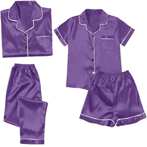 Generisk sidenpyjamas dam lång set | vardagskläder dam set 4 delar | hemmakläder set eleganta nattkläder revers sidenpyjamas med knappar sovkläder enfärgad hemmadräkt bekväm avslappnad sovskjorta