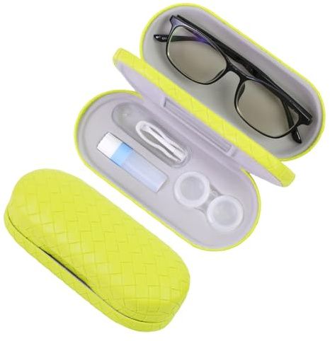 FlyingMage 2 in 1 Contact Lens Case and Eyeglasses Case for Women Men Kids, Double Sided Hard Shell Portable Glasses Travel Holder with Built-in Mirror, Contact Lens Box Storage Kit, Lime