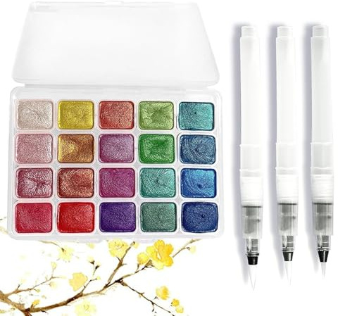 Barlone 20 Farben Metallic Aquarellfarben Set, Glitzerfarbe Watercolor Set Mit 3 Wasserpinsel, Metallic Wasserfarben, Solid Glitzer Aquarellfarben, Löslich und Mischbar, für Kinder,Anfänger und Profis
