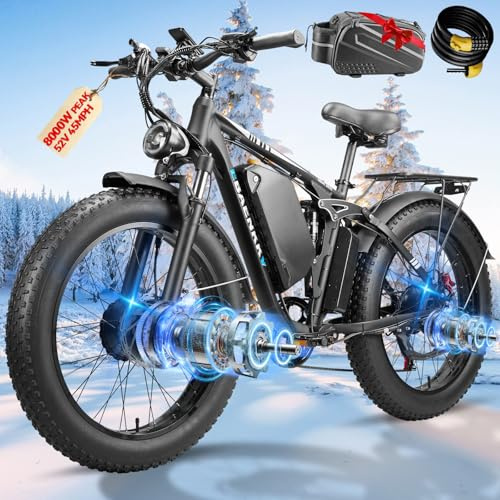8000W Peak Dual Motor Electric Bike for Adults 45MPH - Fast E-Bike with 52V 34Ah Battery Up to 105 Miles ,24*4.0 Fat Tire E Bikes,Full Suspension Electric Bicycle for Snow Mountain Off-Road Commuter