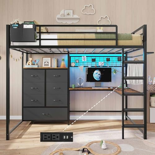 DICTAC Twin Loft Bed with L-Shaped Desk and 7 Storage Drawers,Metal Twin Size Loft Bed for Kids with LED Lights and Charging Station,13.11 H Safety Guardrail and Ladder,No Box Spring Needed, Black