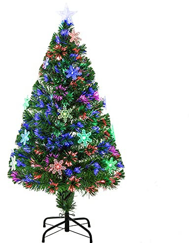 HOMCOM 4FT Green Fibre Optic Artificial Christmas Tree Xmas Colourful LED Scattered Tree with Snowflakes Ornaments Fireproofing
