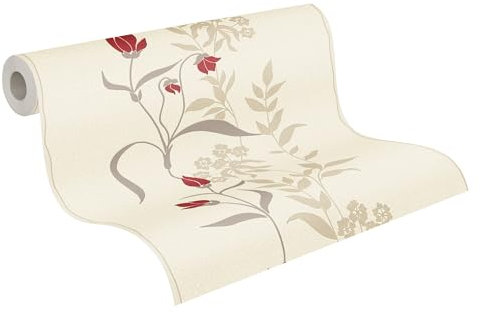 A.S. Création Vliestapete 10,05 m x 0,53 m mit glänzenden Blumenranken - Beige, Braun, Rot - florale Tapete Made in Germany - 958741
