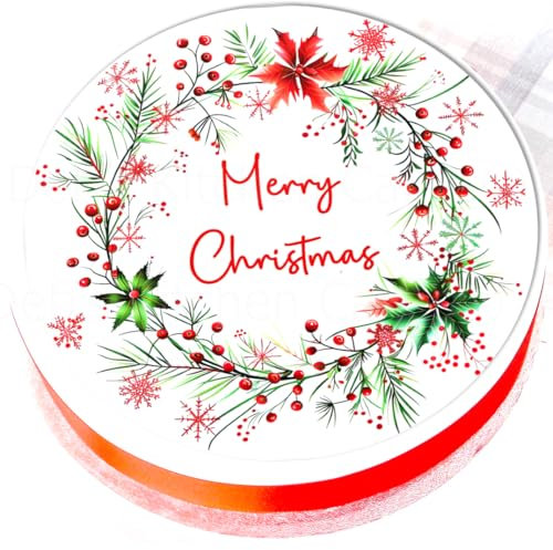 Christmas Cake Topper - Merry Christmas Wreath Cake Decoration - Edible Icing or Wafer - 8 / 20cm Round (Edible Icing)