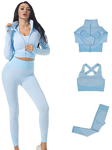 Veriliss Tracksuit For Women,3pcs Outfits Workout Joggers Yoga Gym Sportswear Leggings And Stretch Sports Bra Jumpsuits Clothes Sets (Light Blue, M)