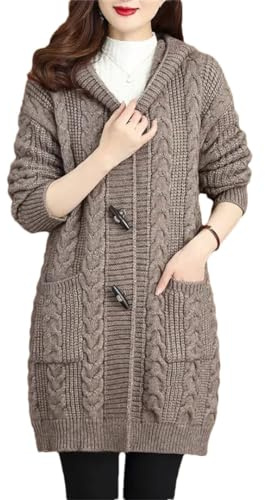 Cárdigan de otoño e invierno para mujer, suéter grueso, talla grande, chaqueta de punto con capucha, café, M