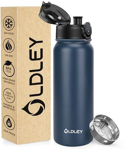 OLDLEY 600ml/20oz Stainless Steel Water Bottle Double Walled Vacuum Flask Keeps Drink Hot and Cold Leakproof BPA Free 600ML Metal Insulated Water Bottle for Sport School Outdoor Hiking (Navy Blue)
