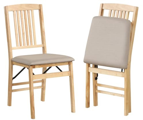 COSTWAY Folding Chairs Set of 2, Rubber Wood Counter Dining Chairs with Backrest & Padded Seat, Kitchen Office Conference Side Chair Seating (Linen Fabric Seat, Slatted Back, Beige + Natural)