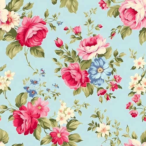 VEELIKE Blue Dainty Floral Wallpaper Vintage Pink Flower Wallpaper for Girls Bedroom Bathroom 44.5cm x 300cm Peel and Stick Wallpaper Removable Patterned Wallpaper Mural Wall Décor Cabinets Drawers