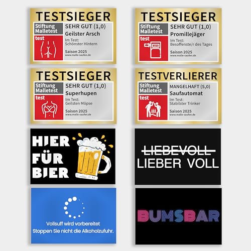 80x Malle Sticker in Top-Qualität mit UV-Beschichtung | 8 Motive x 10 Sticker | 2025 Edition | Set Mallorca Stickerset Aufkleber Saufen Must Have Stiftung Malle Test Festival Party