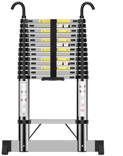 Escalera telescópica de 4,7 m, práctica Escalera con Ganchos y estabilizadores, Altura Ajustable, para el Cuidado Diario, jardín, Caravana, etc.