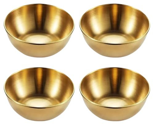 PCKOBEVER 4 Pcs Small Stainless Steel Sauce Dishes, Mini Dipping Bowls Dishes Condiment Sauce Cups, Seasoning Dishes Dip Bowls for Sushi Snacks Fruit Appetizer, Diameter 8cm, Depth 3cm (Gold)