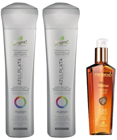 Pack Naissant Azul Plata + Elixir de Argán Nanatsú | Shampoo + Mascarilla Matizadora (300mL c/u) + Elixir (120mL) | Neutraliza tonos amarillos y cobrizos | Cabello rubio, gris o decolorado.