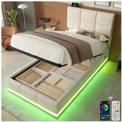 Lubvtti Letto imbottito con LED e porte USB&Type-C,letto singolo con contenitore idraulico e testiera regolabile in altezza,letto contenitore singolo,velluto (Beige,90x200)