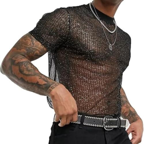 Chemises brillantes pour hommes, manches courtes col rond scintillantes pour discothèque rave, t-shirt en maille transparente paillettes for soirée club vacances, respirant Gilet tous les jours