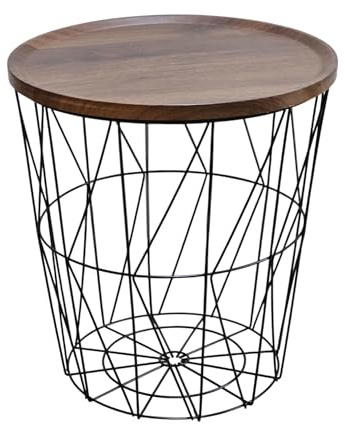 Meinposten Moderner Beistelltisch mit Stauraum, Metallkorb Schwarz, Holzplatte Nussbaum-Optik, 37x39,5 cm