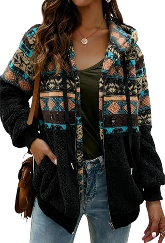 ABINGOO Mujere Sudadera de Peluche con Capucha Cremallera a Impri Chaqueta de Invierno Abrigo con Bolsillo(A-Azul,S)
