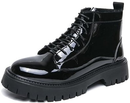 sekiueo Bottines pour Homme en Cuir Verni Plateforme Bout Rond Lacets Antidérapantes Fermeture Éclair Latérale Style Business,Noir,41 EU
