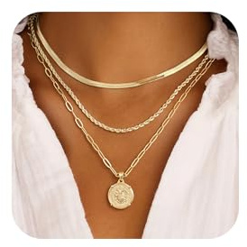 M MOOHAM Layered Gold Necklaces for Women, 14K Gold-Plated Dainty Stackable Pendant Necklace Set, Layering Snake Rope Chain Coin Pendant Necklace Trendy Women's Jewelry Gifts Set