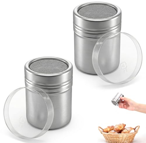 SHENLIU 2 spargitore per zucchero a velo, con filtro e coperchio, in acciaio inox, cannella, cacao, shaker in acciaio inox, per cioccolato, zucchero a velo, sale, cacao, farina di caffè