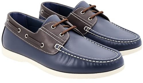 ShuCentre Mens Comfort Smart Dress Work Office Wedding Party Lace Up Casual Moccasin Boat Shoes (Navy Blue/Brown, UK Footwear Size System, Adult, Men, Numeric, Medium, 8)