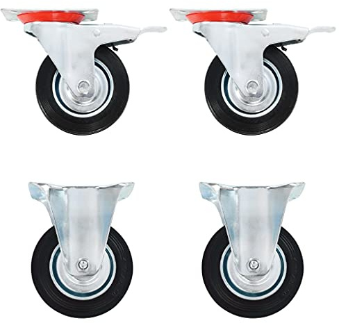 Augerlite rullar, set om 4 stycken 100 mm gummi med järnram, zinkbeläggning, 2 bakhjul, 2 styrhjul med dubbla bromsar för verkstad, transportvagn, lager, industridrift