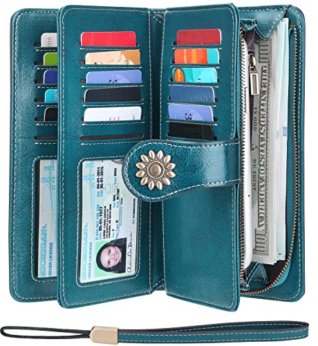 Lavemi Damen-Geldbörse, großes Fassungsvermögen, echtes Leder, RFID-blockierend, Handgelenk, Clutch, Kartenhalter, gewachst, Pfauenblau, Einheitsgröße