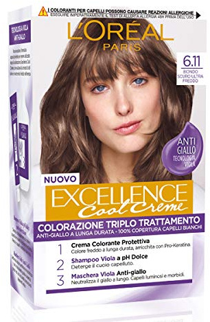 L'Oréal Paris Tinta Capelli Excellence Cool Creme, Copre i Capelli Bianchi, Colore Ricco dai Toni Freddi, 6.11