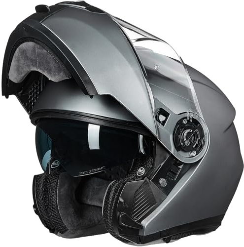 ILM Motorcykelhjälm vikbar hjälm helhjälm dubbelvisir ECE22.06, modell 159, grå, L