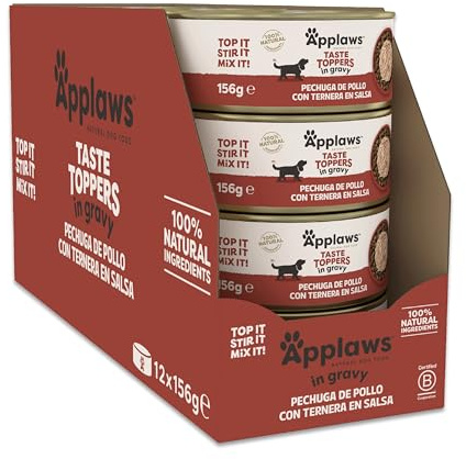 Applaws Premium naturligt våtfoder för hundar, spannmålsfri kyckling med nötkött i sås 12 x 156 g burk